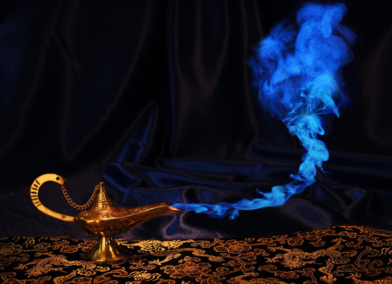 lighting equipment, studio shot, close-up, teapot, lamp, brass, patterns, smoke - physical structure, celebration, blue, textile, magic, black background