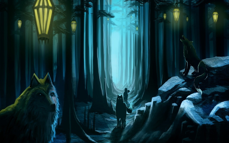 lamps, dark, artistic, pathway, spooky, forest, wolves, animals, wolf, magical, fantasy, nature, 2K, lights, trees