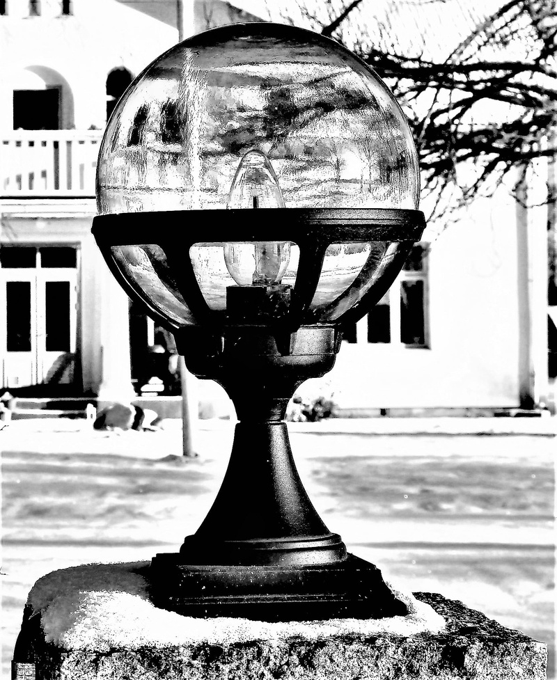 built structure, outdoors, design, nature, lamp, architecture, building, black and white, snow, branches, reflection, tealight holder, lighting, frozen