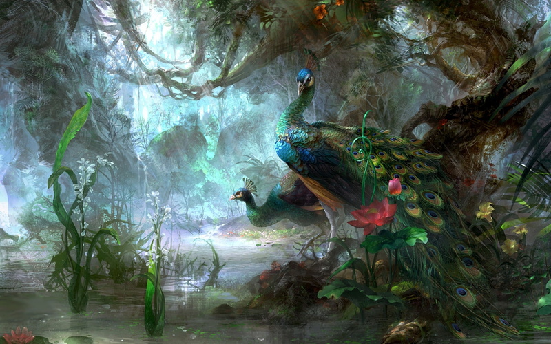 trees, flowers, forest, animals, jungle, fantasy, water, lake, paintings, peacock, moss, 1080P, artistic, birds, landscapes, pond, magical