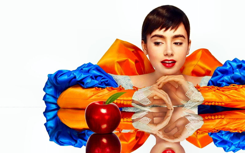 indoors, Apple, one person, orange color, adult, Lily Collins, beauty, young women, Mirror Mirror, red, multi colored, beautiful woman, fashion, Colorful