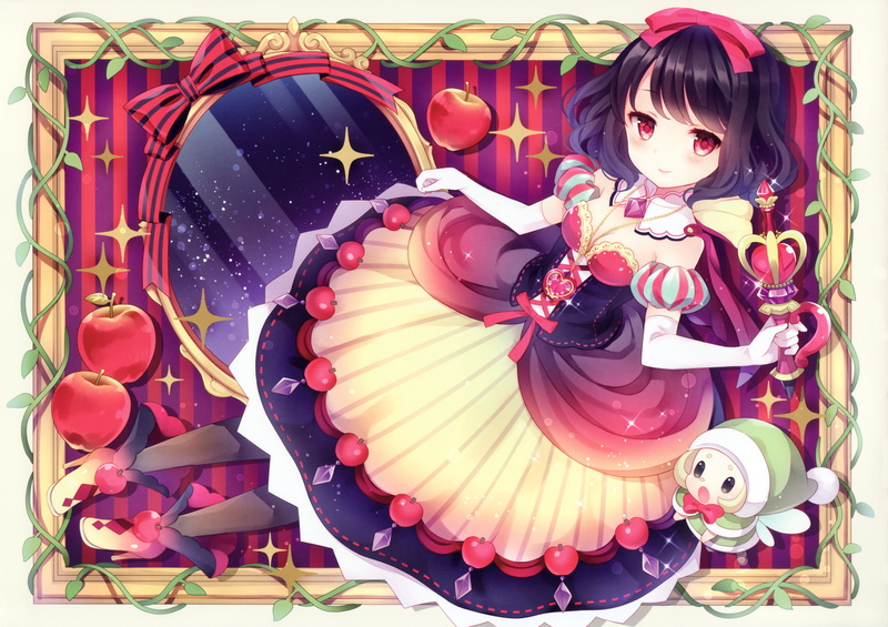 Mirror, Pantyhose, Anime, Necklace, Girl, Staff, Original, High Heels, Blush, Black Hair, Pink Eyes, Fairy, Purple Dress, Dress, 1080P, Apple, Glove, bow (Clothing)