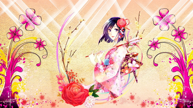 1080P, japanese, hair, purple, plants, eyes, girls, ribbons, anime, ornaments, roses, clothes, bells, kimono, staff, traditional, dressing, flowers, short