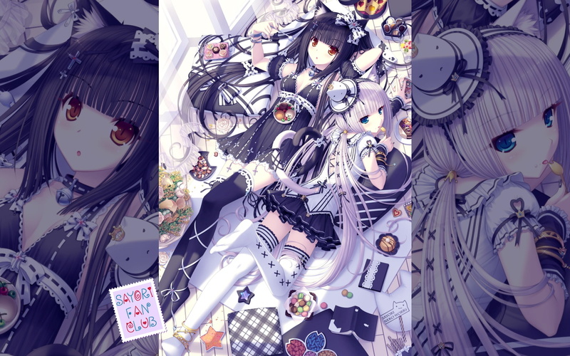 book, original, 237324, shade, 1080P, catgirl, sayori, eyes, heart, hair, food, collar, tail, 2girls, long, bell, rose, com, white, blue, flowers, hat