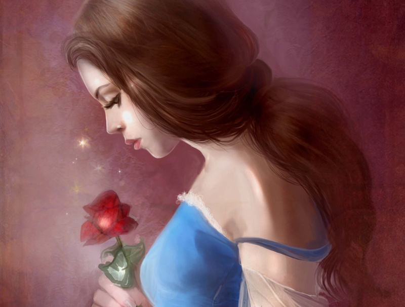 Belle, painting, 1080P, profile view, fashion, indoors, young adult, contemplation, profile, hairstyle, one person, dress, girl, adult, holding, s, spaghetti