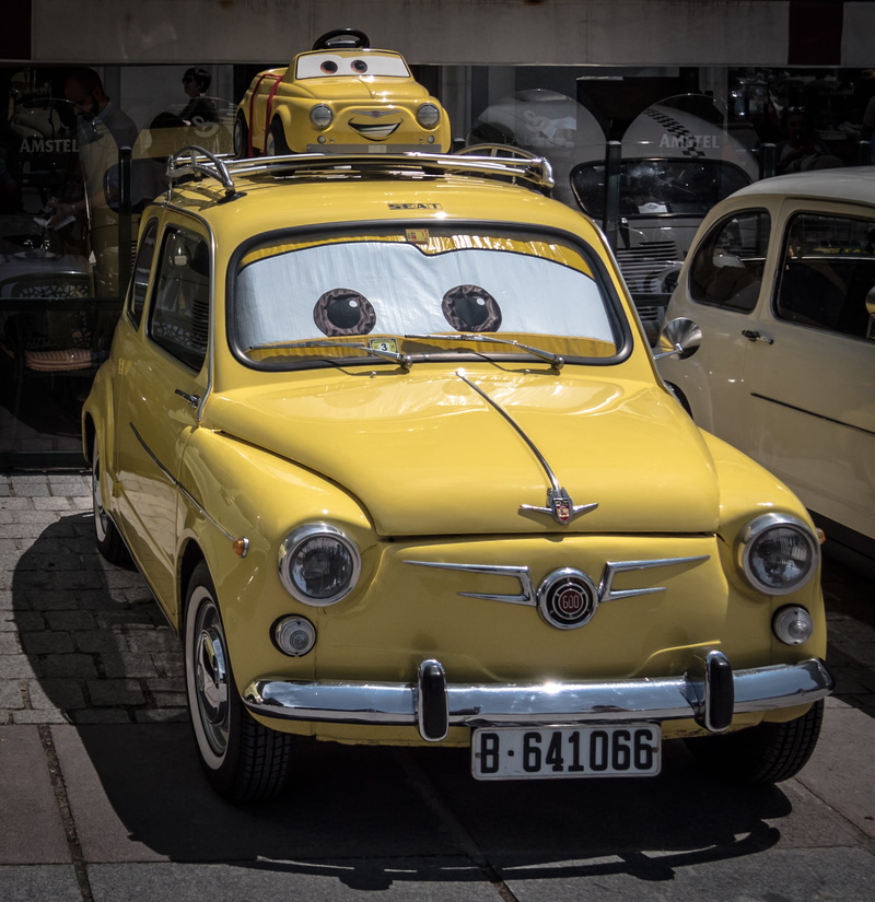 Walt Disney, taxi, 1080P, themed, parking, street, number, old-fashioned, collection, Car, retro styled, character, yellow taxi, stationary, architecture