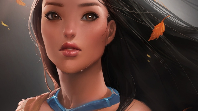digital, hd, artwork, women, girls, faces, pocahontas, hot, art, 1080P, anime, brunettes, x, leaves