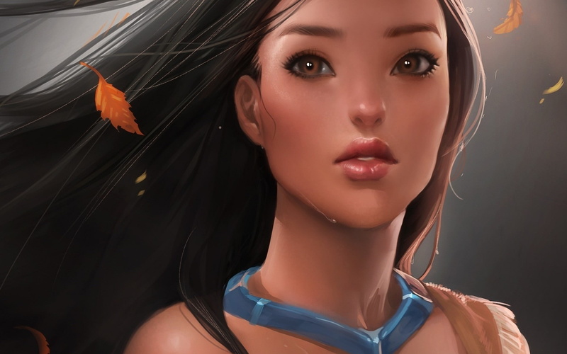 women, leaves, Pocahontas, 1080P