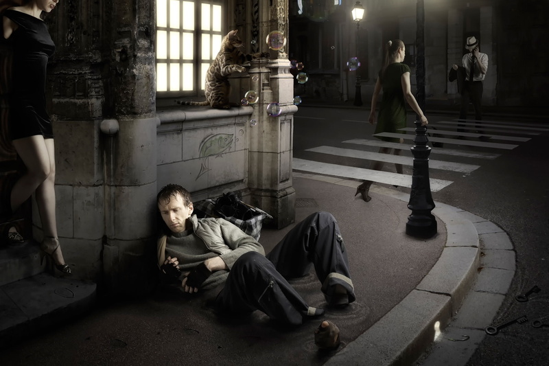 cat, street, fantasy, the city, hobo, girl, art, bubbles, hallucinations, 1080P