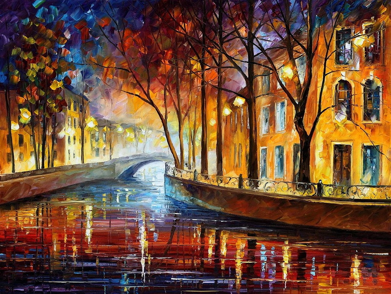 Leonid Afremov, digital composite, city, near, bridge - Man Made Structure, europe, transportation, 720P, old, vibrant Color, trees, motion, brown, red