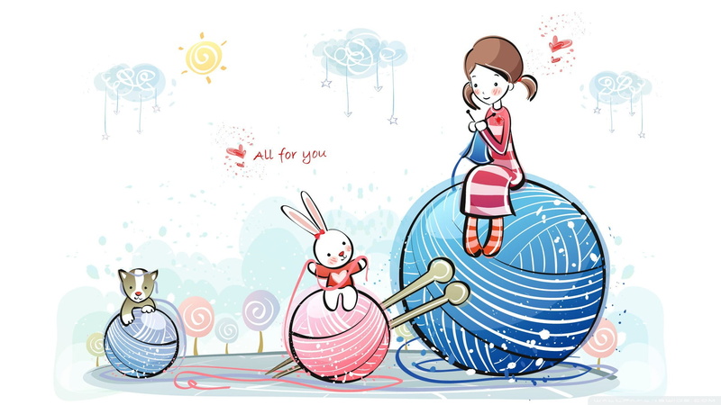 bunny, ball of wool, cat, artwork, Friendship, love, girl, wool, feeling, sun, paintig art, 1080P, hearts, mood