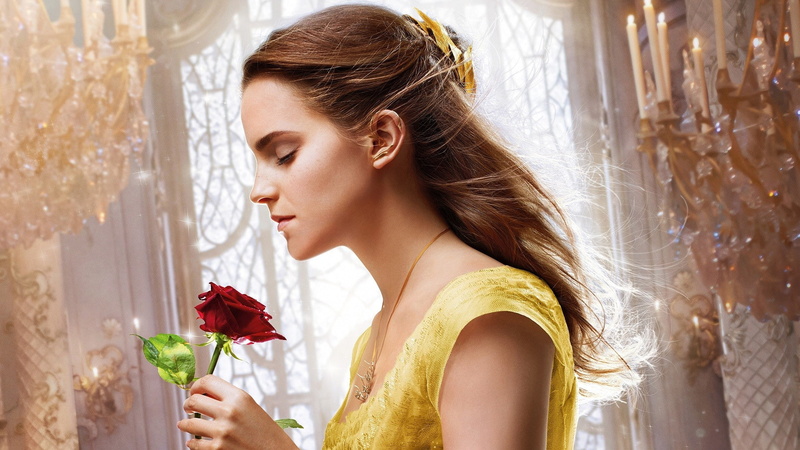 flowers, rose, actress, Emma Watson, yellow dress, Beauty and the Beast, movies, side view, 1080P, women, dress, profile