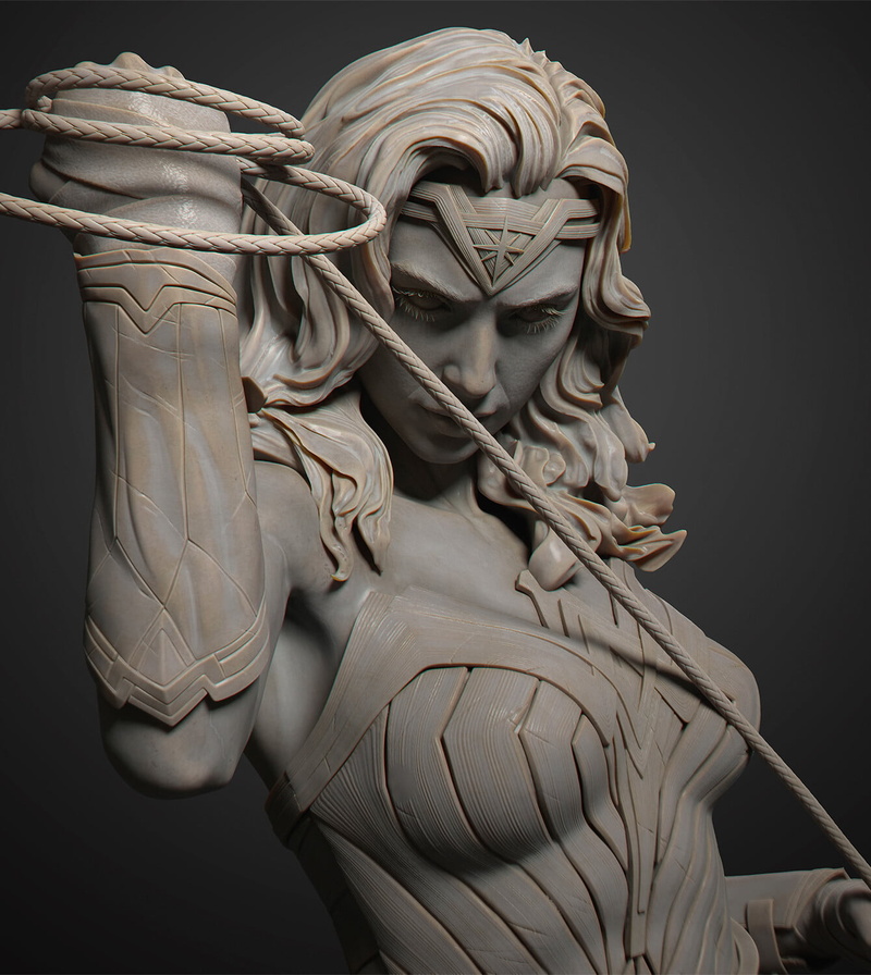 720P, shoulder length hair, ropes, simple background, CGI, artwork, Wonder Woman, digital art, women, Ding darren, ArtStation, 3D, dark background