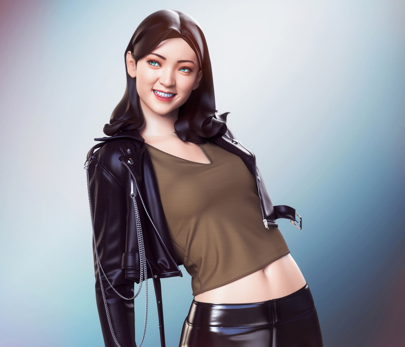 looking away, ArtStation, jacket, short hair, belly, Ding darren, women, open jacket, 3D, tongue out, dark hair, belly button, looking at the side, 1080P