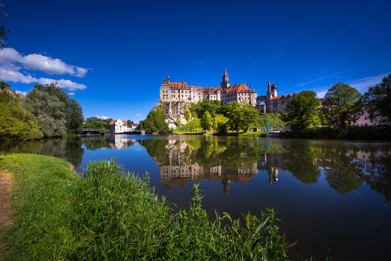 5K, the Danube river, Sigmaringen Castle, Baden-Württemberg, reflection, river, Danube River, Germany, Sigmaringen, castle