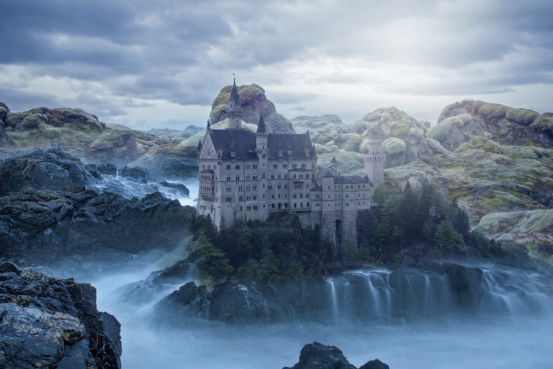 landscape, cloud - sky, clouds, rocks, beauty in nature, mysterious, waterfall, dream, cascades, book cover, built structure, rock, flowing water, fantasy landscape