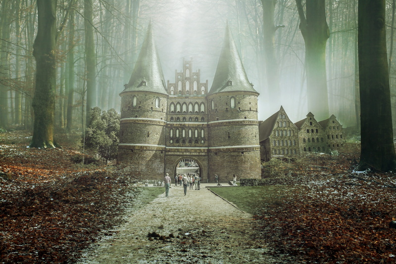 direction, walking, people, real people, composing, change, building exterior, cold temperature, architecture, entry, autumn, castle, trees, built structure