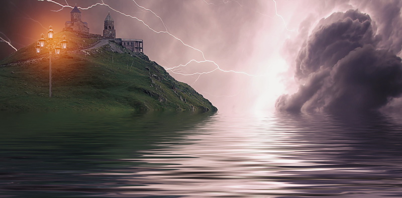 environment, lantern, gray, mountain, landscape, sign, dream, top, thunderstorm, electricity, water, outdoors, fantasy, power, cloud - sky, near, dramatic sky