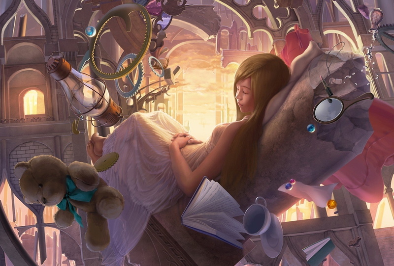 1080P, girl, Book, Lamp, castle, bear, Beads, art, toy, dream, Surreal, Arch, Mirror