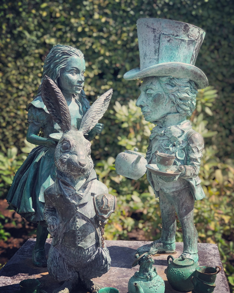 vintage, stone material, fairytale, alice, girl, angel, carving - craft product, day, sculpture, human representation, wonderland, rabbit, statue, art and craft