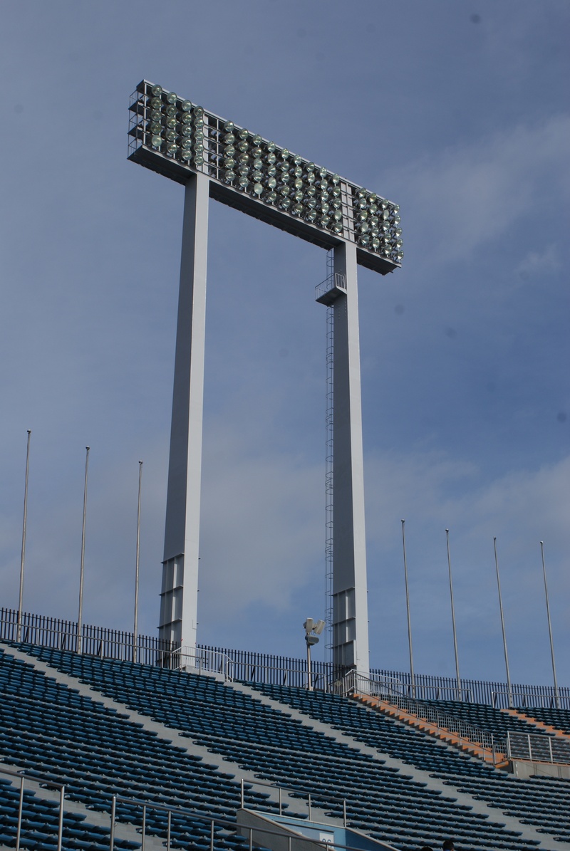 stadium, sport, no people, tall - high, football, transportation, japan, lighting pole, empty, bridge - man made structure, 4K, day, travel, tokyo, built structure