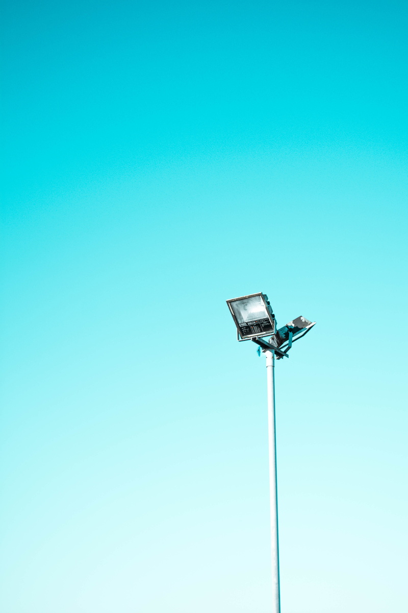 gray, no people, lamp, nature, low angle view, minimal, clear sky, silver colored, blue sky, street Light, 5K, studio shot, day, blue, floodlight, turquoise colored