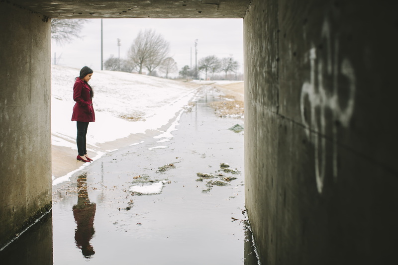 coat, one person, snowy, woman, rear view, reflection, wear, street, nature, winter, river, outdoors, snow, standing, beautiful, warm clothing, tunnel