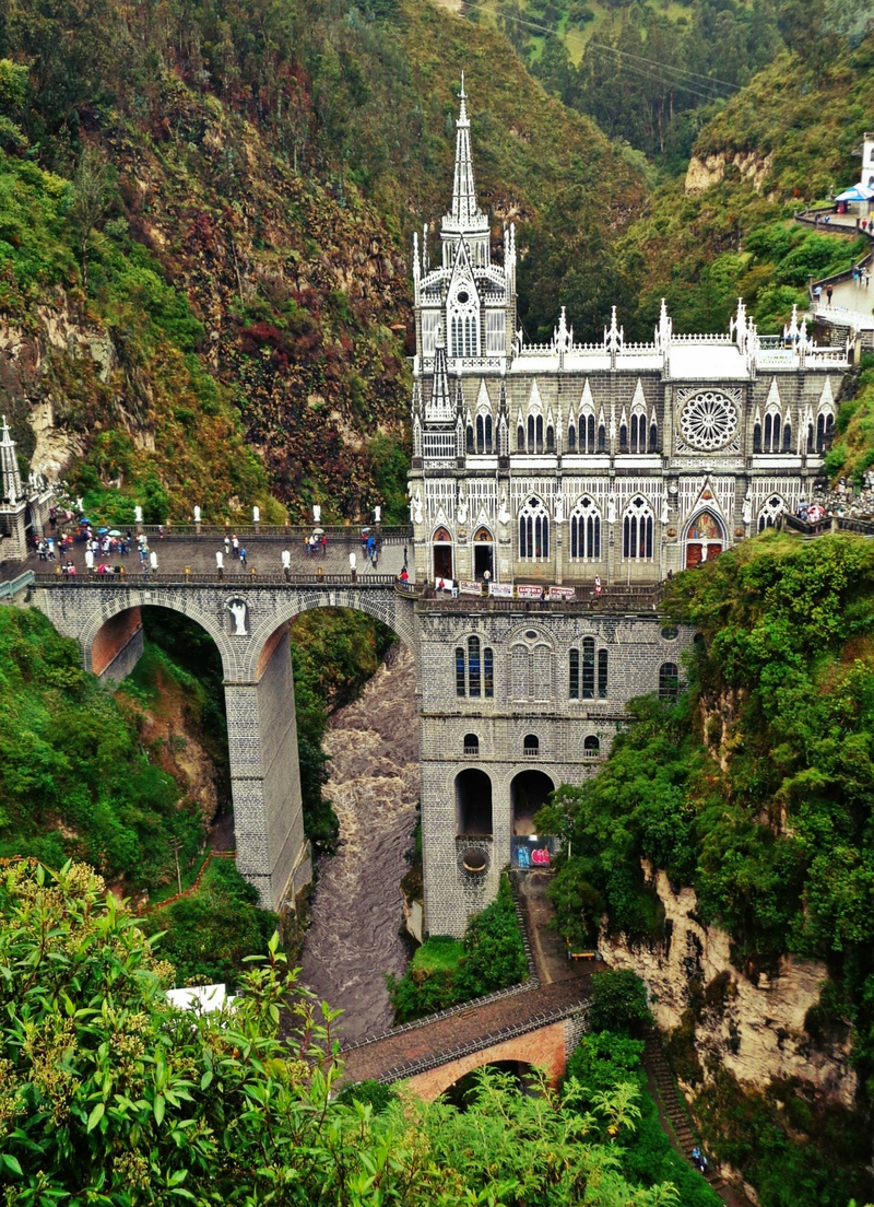 tourism, architecture, travel destinations, las lajas, outdoors, day, history, transportation, incidental people, building exterior, built structure, plant