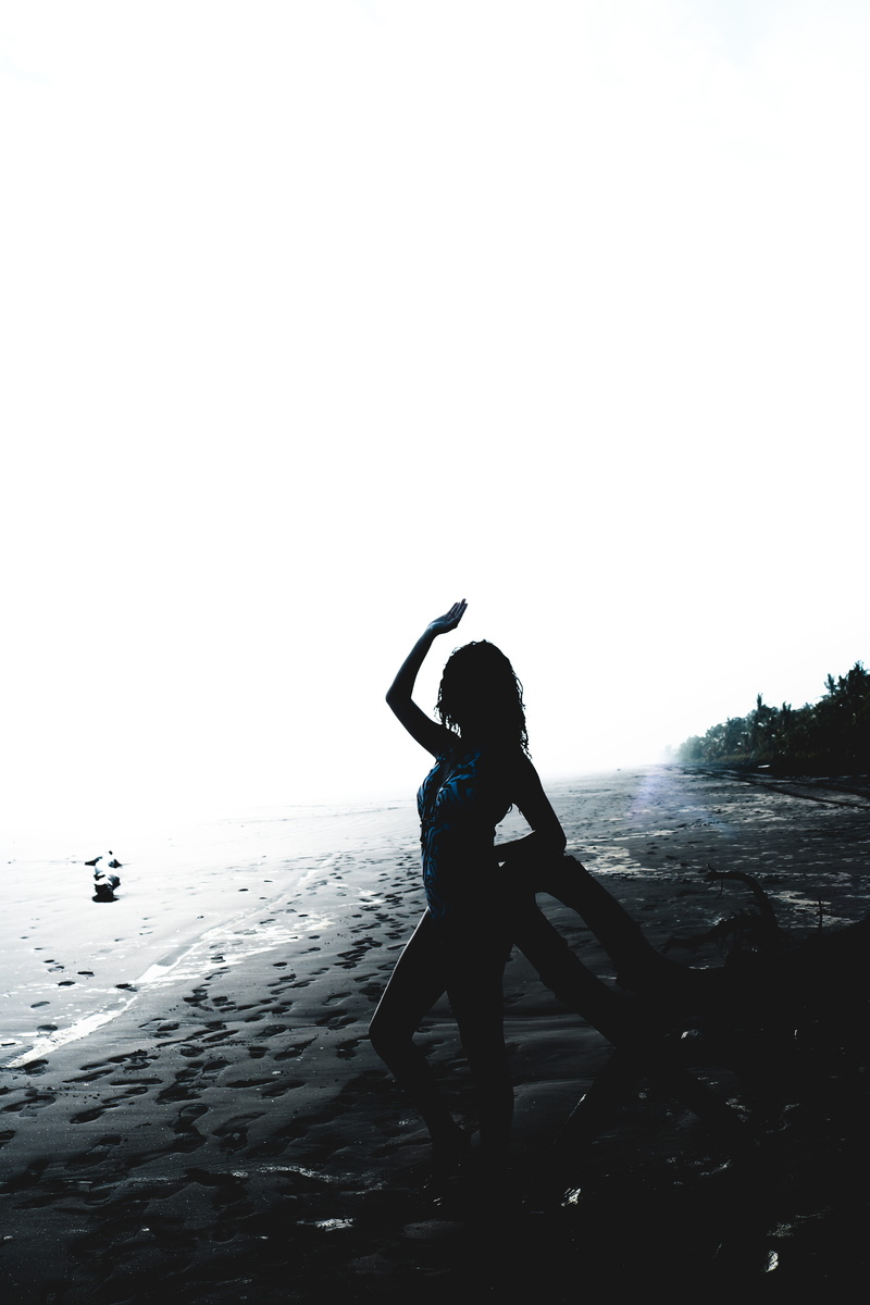 copy space, standing, mood, arms raised, nature, silhouette, full length, grey, create, dark, beach, sea, abstract, coast, tranquility, explore, noir, leisure activity