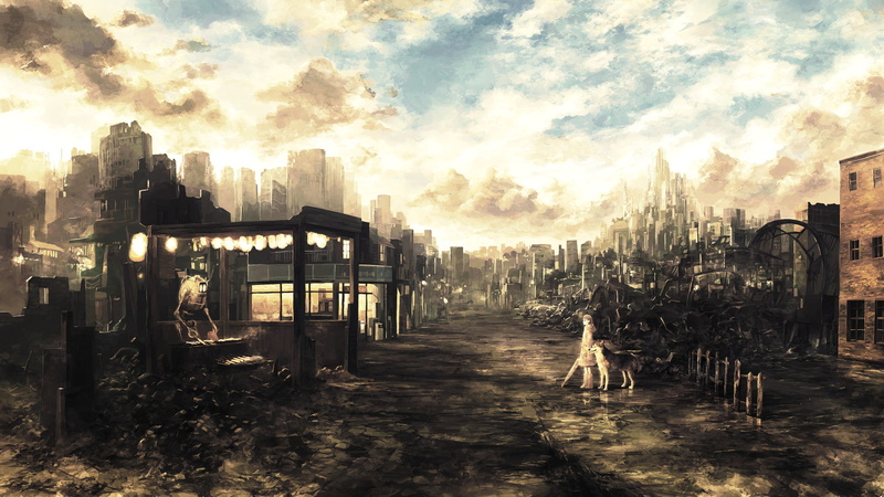 day, city, Ruin, building, fantasy Art, outdoors, nature, cloud - sky, sky, architecture, sunlight, dog, the way forward, wood - material, building exterior
