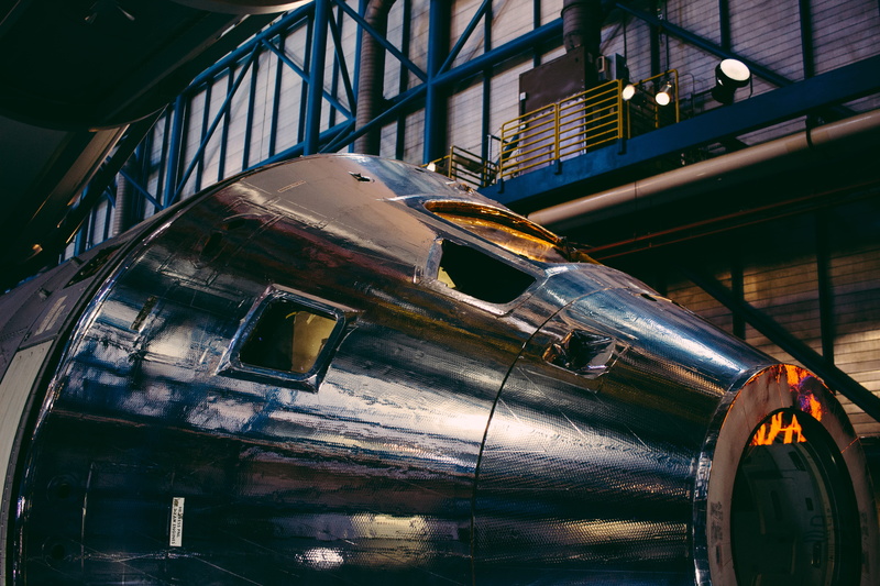 airplane, dark, metal, indoors, stars, industry, moody, architecture, old, space, transportation, built structure, day, kennedy space center, united states