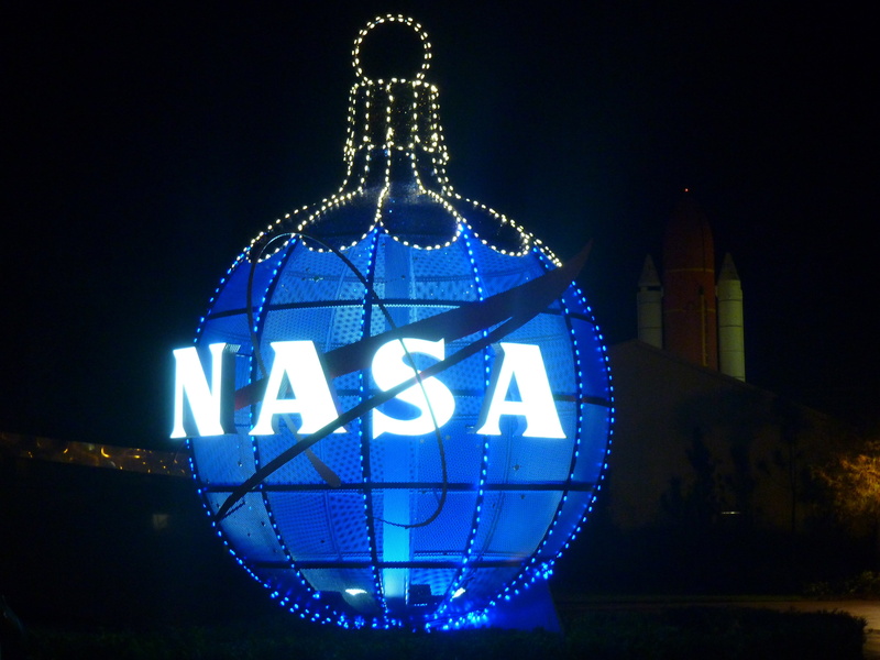 no people, nasa, christmas decoration, space center, kennedy space center, night, amusement park, holiday, christmas, ferris wheel, lighting equipment
