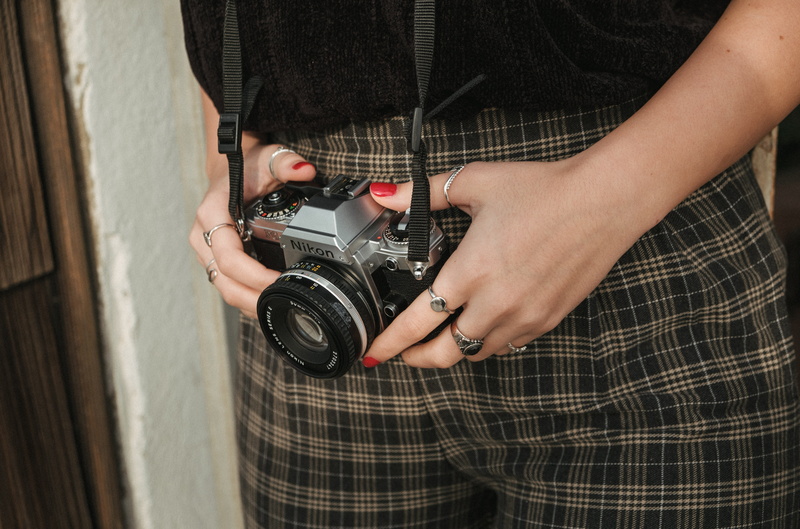 women, finger, electronics, black, human hand, apparel, vintage, photographing, plaid, holding, video camera, midsection, camera - photographic equipment