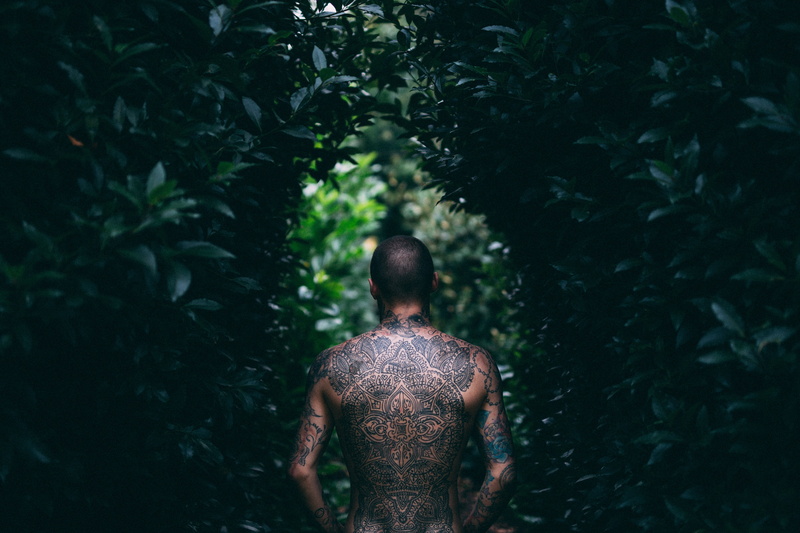 one person, rear view, back view, outdoors, bald, forest, standing, black hair, green, day, headshot, nature, daytime, real people, model, tree, leaves