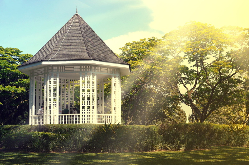 outdoors, daytime, building, growth, white, 1080P, green color, grass, shrubs, water, summer, concrete, built structure, sun rays, tree, bushes, the past