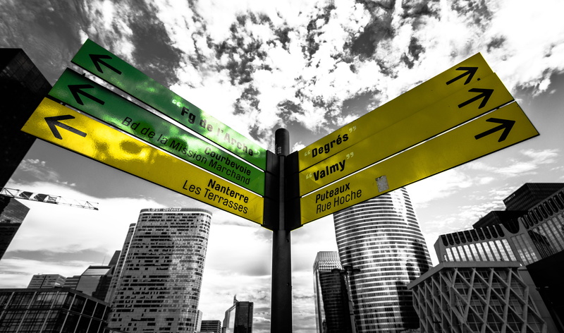 sky, text, black and white, la defense, no people, 5K, street, built structure, directional sign, directions, guidance, communication, office building exterior