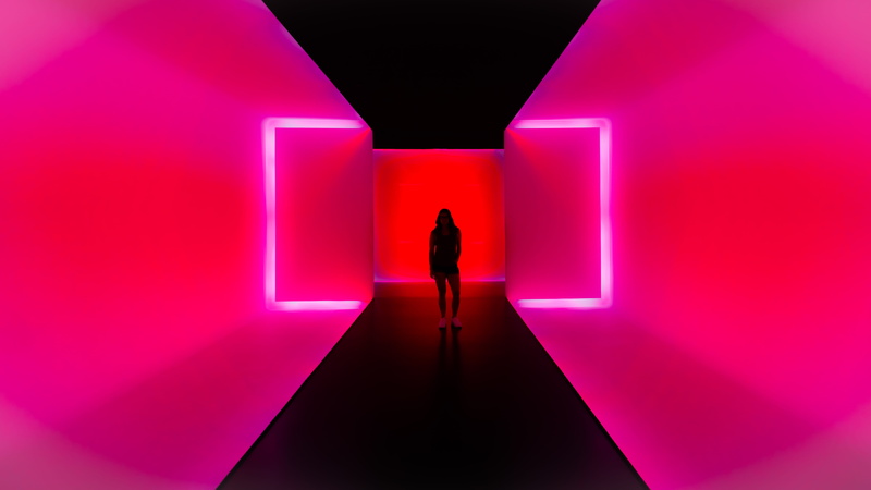 direction, houston, museum, neon, indoor, one person, contemplation, the way forward, modern, full length, creativity, purple, futuristic, light, digital composite