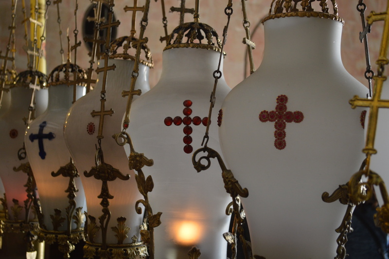 for sale, lighting equipment, 5K, focus on foreground, holy, retail display, illuminated, art and craft, still life, decoration, candlesticks, antique