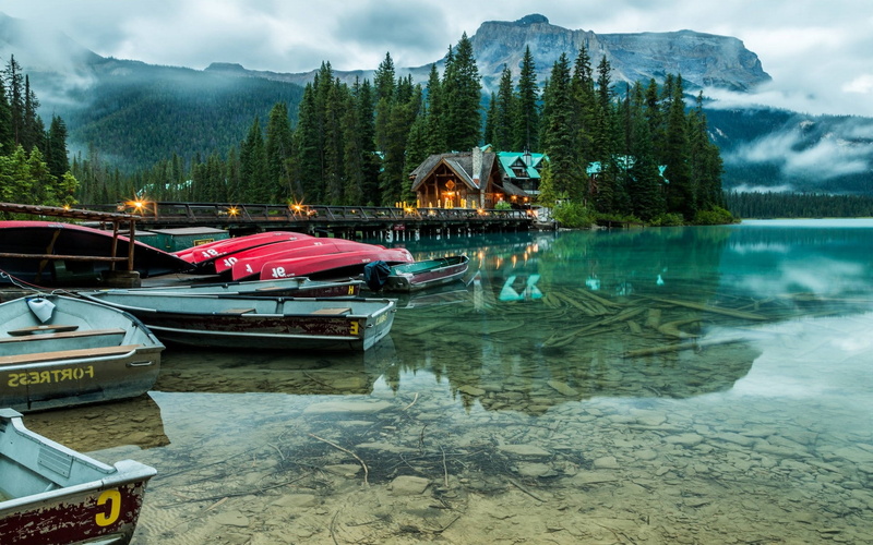 tranquility, mist, Hotels, day, boat, moored, reflection, forest, water, mountain, outdoors, Banff National Park, landscape, cloud - sky, lake, nautical vessel