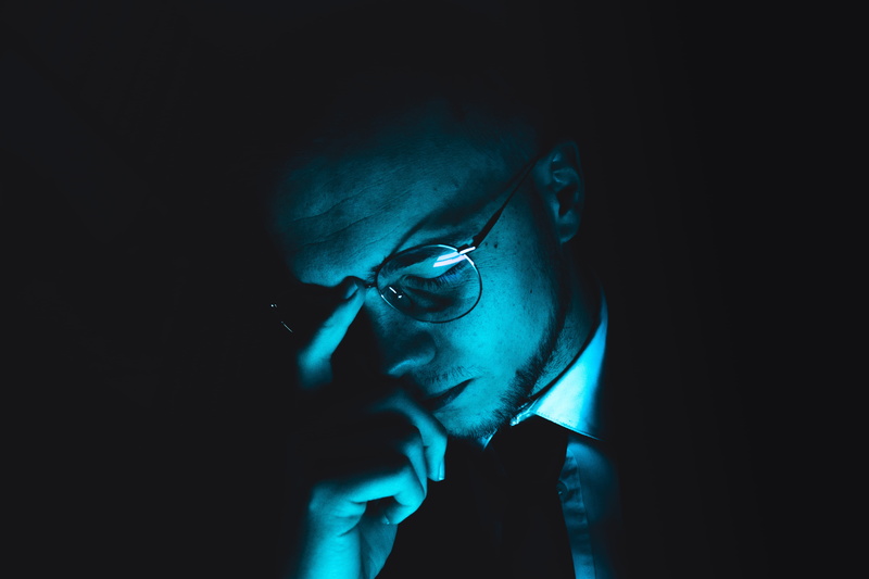 glasses, blue, hand, beard, contemplation, human, adult, copy space, eyeglasses, photography, thinking, human face, close-up, indoors, portrait, face, front view