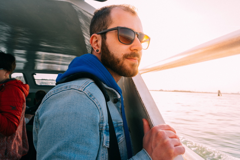 outdoors, young men, denim, glasses, accessories, men, beard, accessory, fashion, headshot, person, portrait, man, transportation, water, casual clothing