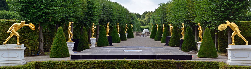 no people, gold, grass, green, nighttime, in a row, sculpture, tree, architecture, formal garden, outdoors, grave, hanover, nature, memorial, panorama