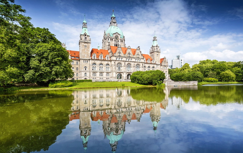 Water, Building, Reflection, New Town Hall, Hanover, Architecture, Germany, Buildings, 1080P