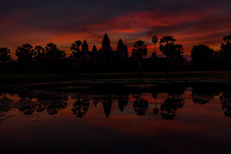 scenics - nature, tranquility, sunset, red sky, cambodia, idyllic, silhouette, water, dawn, lake, reflection, fire, beauty in nature, sky, tree, tranquil scene