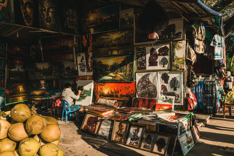 tourism, art, frame, 5K, fruit, market stall, man, arrangement, shopping, day, artists, for sale, siem reap, nature, shadow, small business, store, indoors