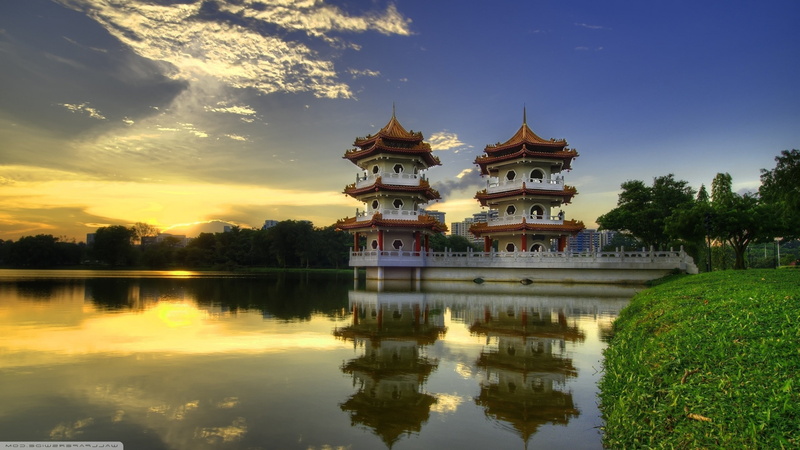 lake, Trees, sky, building, built structure, building exterior, landscape, 2K, architecture, Asian Architecture, no people, religion, sun, Pagoda, grass