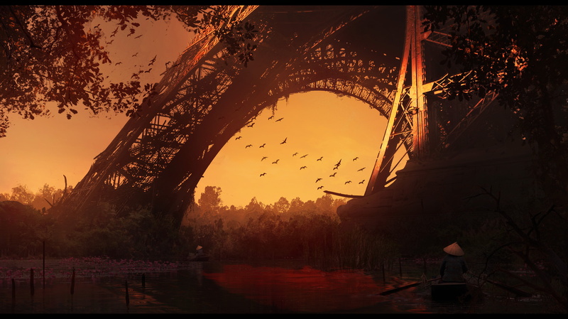 Japanese, architecture, portrait, portrait display, red leaves, artwork, evening, lake, tower, digital art, ArtStation, orange sky, sun rays, Rémy A. S. Diaz