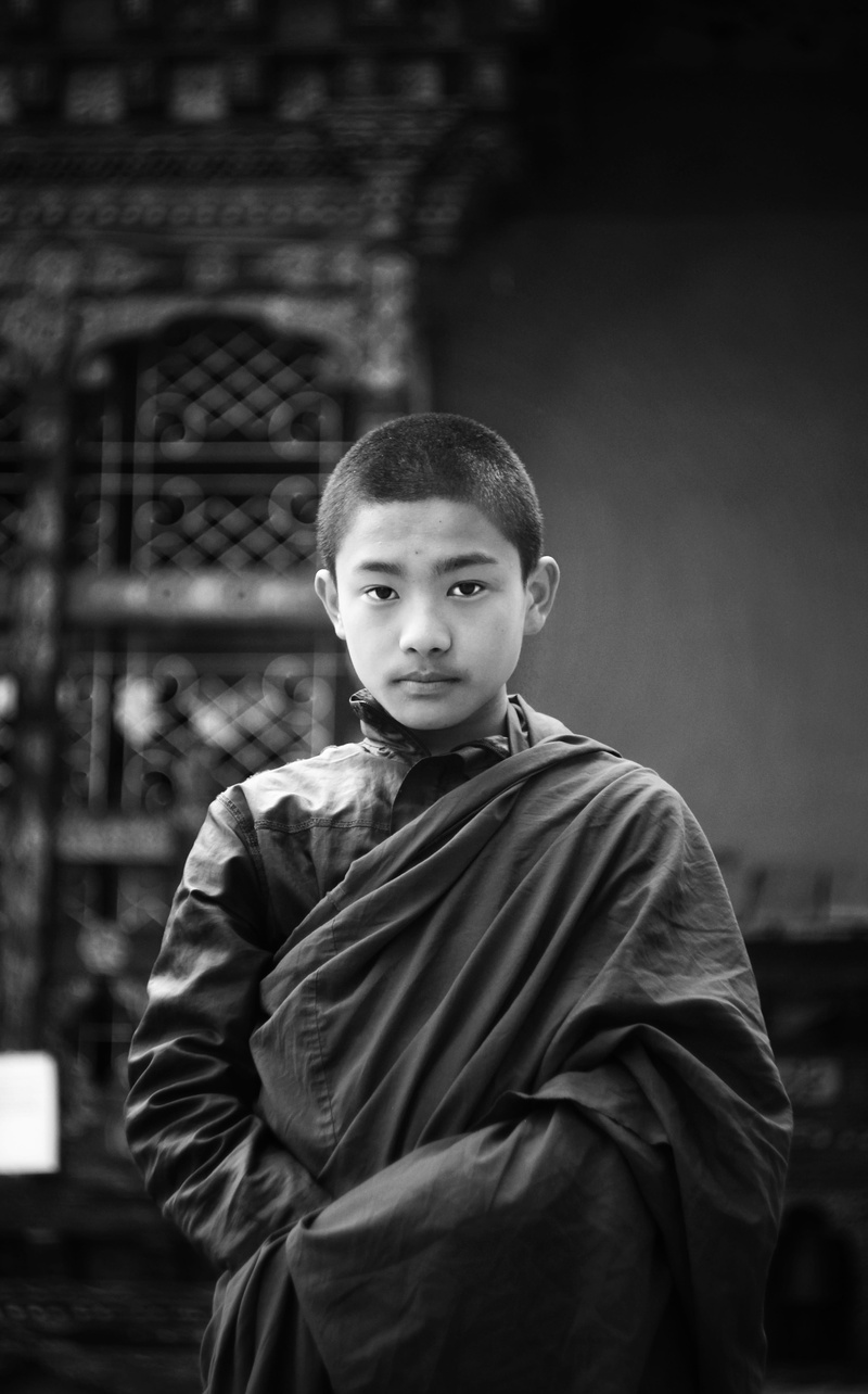 men, religious, black and white portrait, portrait, black and white, waist up, males, worship, male portrait, buddhism, kid, buddhist, looking at camera