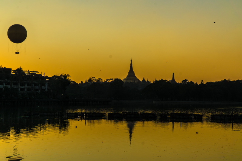 sunset, built structure, waterfront, yangon, nature, ballon, yellow, myanmar, no people, silhouette, urban, spire, architecture, place of worship, lake