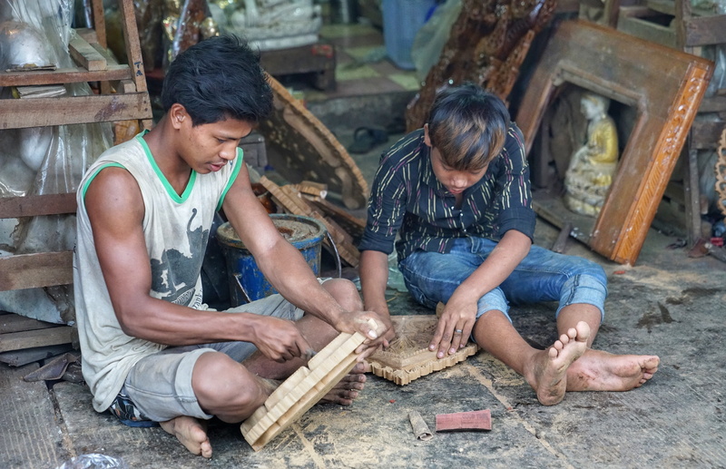 togetherness, myanmar, men, yangon, mid adult women, wood - material, souvenirs, temple, teamwork, outdoors, carving, working, occupation, women, females